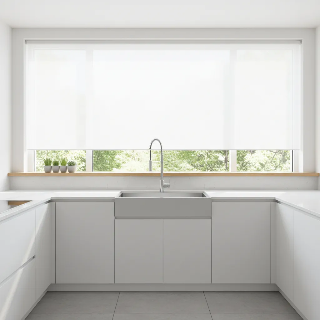 floating shelf installed above kitchen sink at ergonomic height