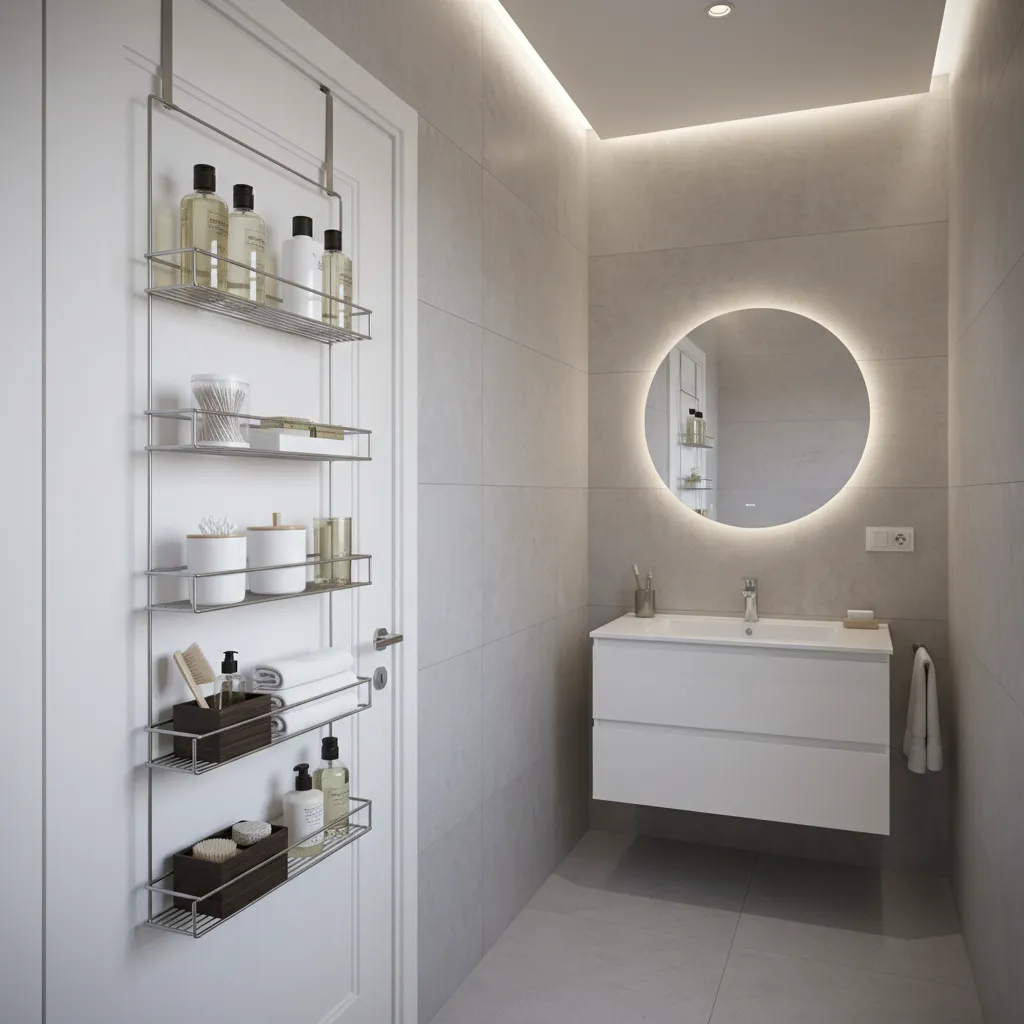 Engineered over the door bathroom organizer with shelves and metal frame