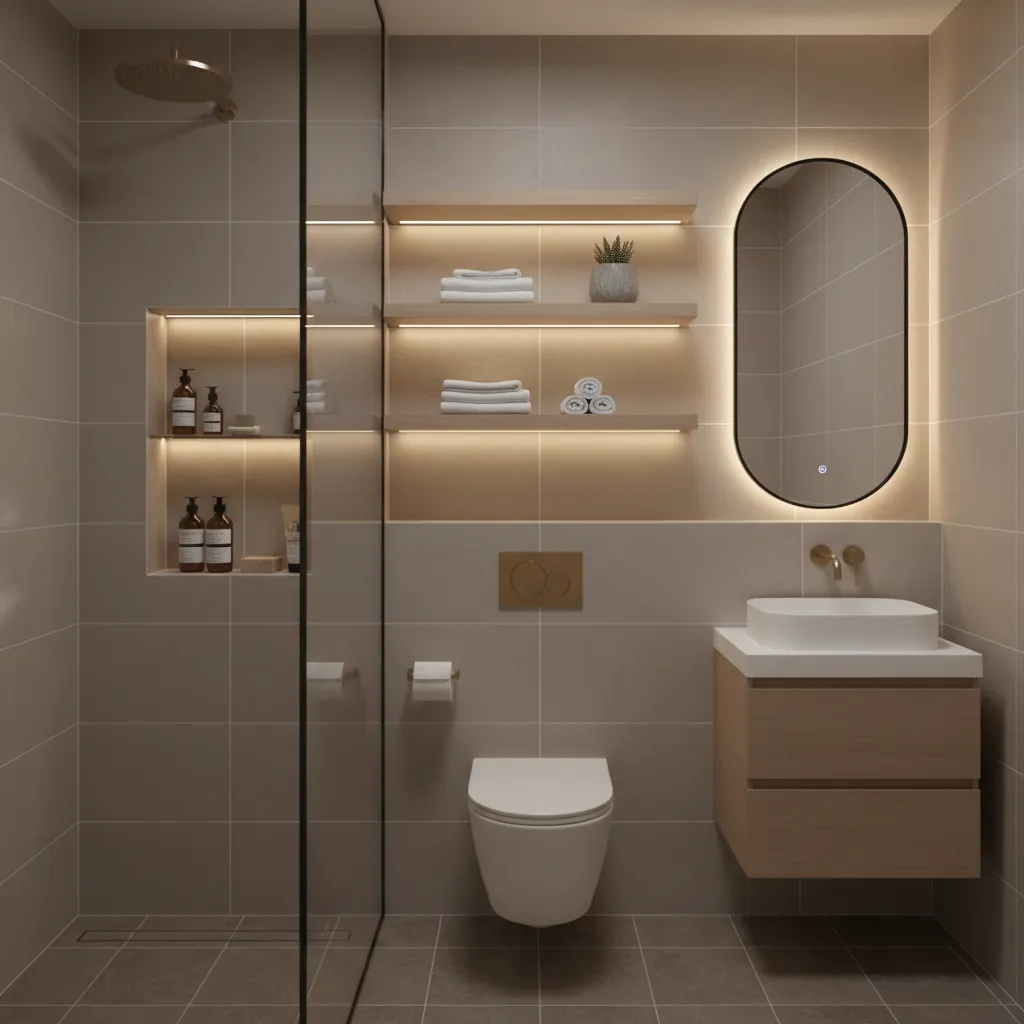 Over toilet shelves and recessed shower niche storage in small bathroom
