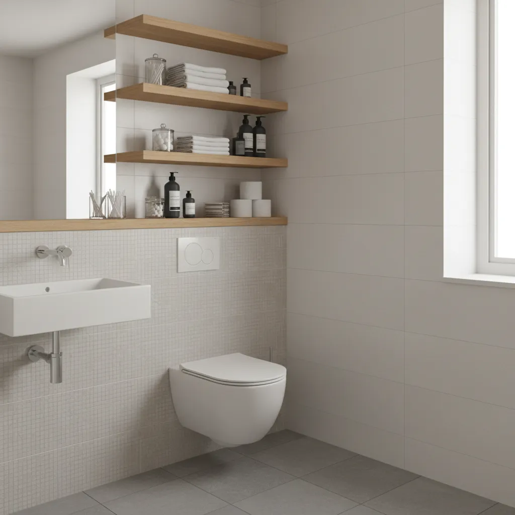 Over toilet shelving system in a compact modern bathroom