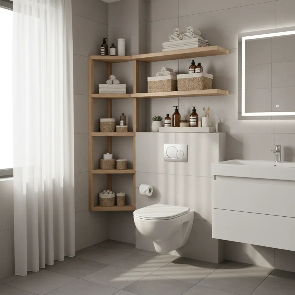 over toilet shelves and corner storage in a small bathroom