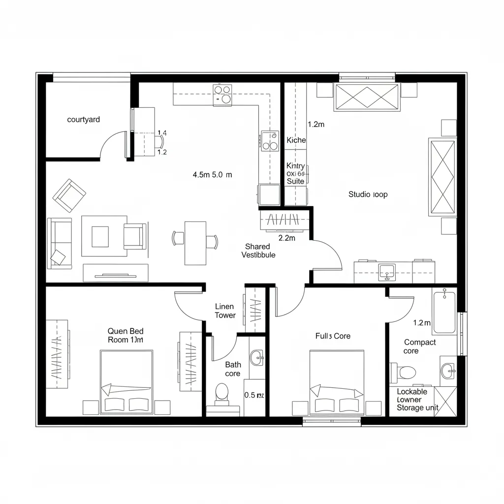 Detailed apartment floor plan with two bedrooms shared living space kitchen courtyard and small studio loop