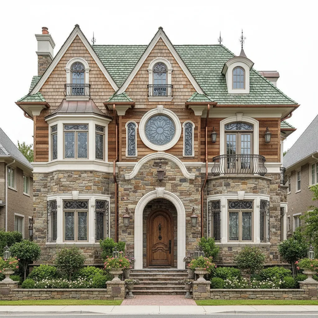 Example of an overdesigned house elevation with too many materials and decorative elements