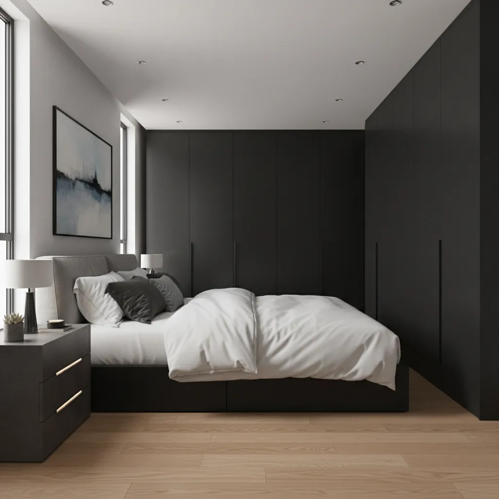 overcrowded 15x15 bedroom with oversized bed and bulky furniture