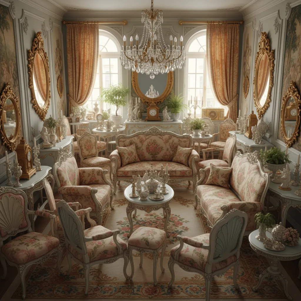 Overcrowded Rococo living room with too many decorative elements