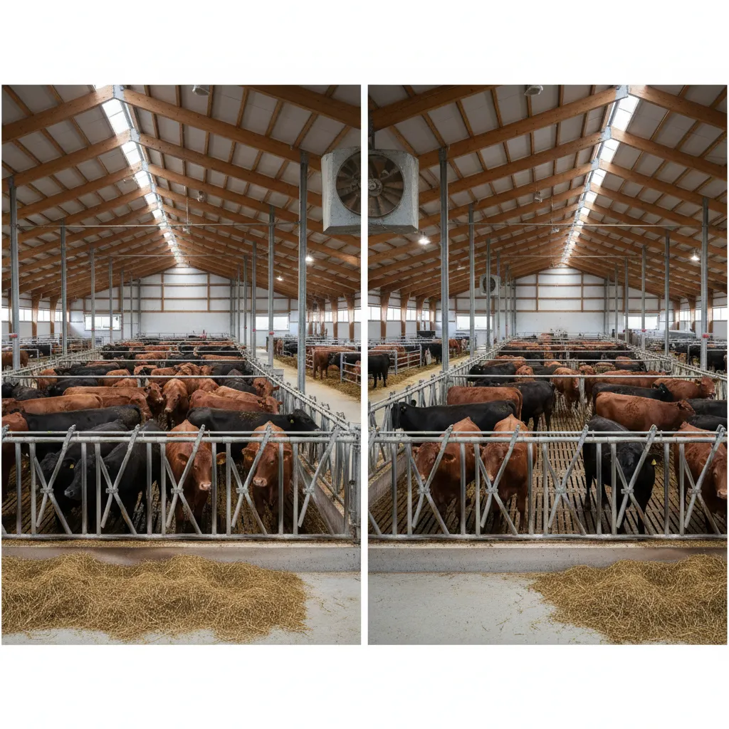comparison of overcrowded cattle pen versus properly spaced pen