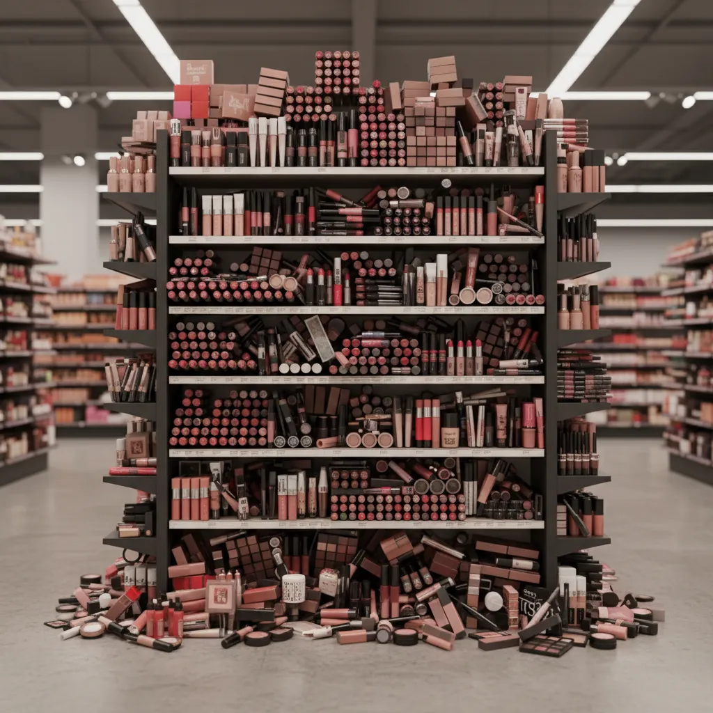 example of overcrowded cosmetic retail display shelves