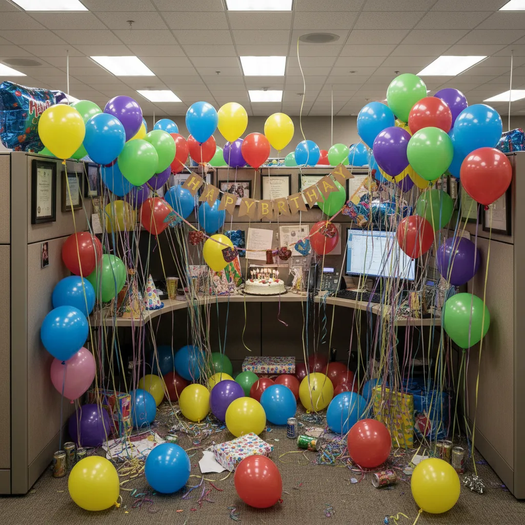 crowded office cubicle with too many balloons and decorations