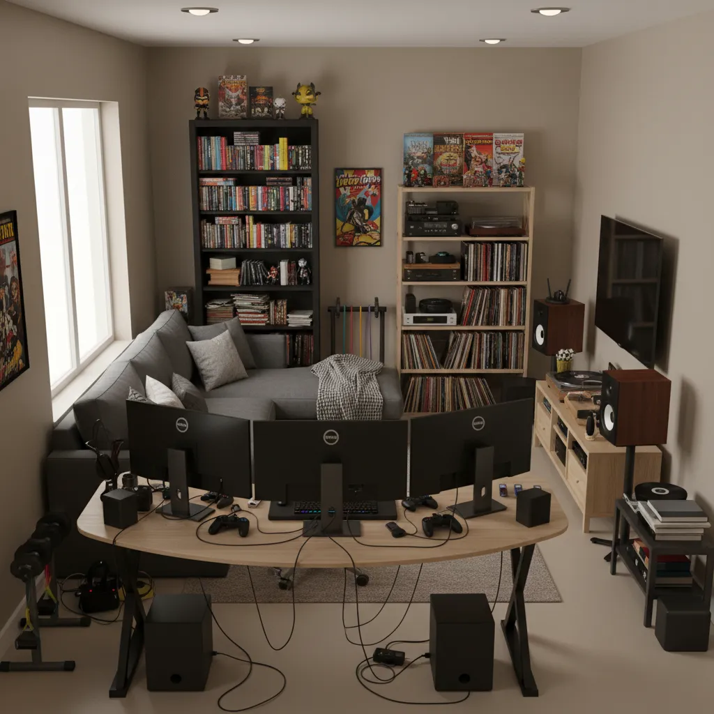overcrowded gaming and entertainment room with too much furniture and equipment