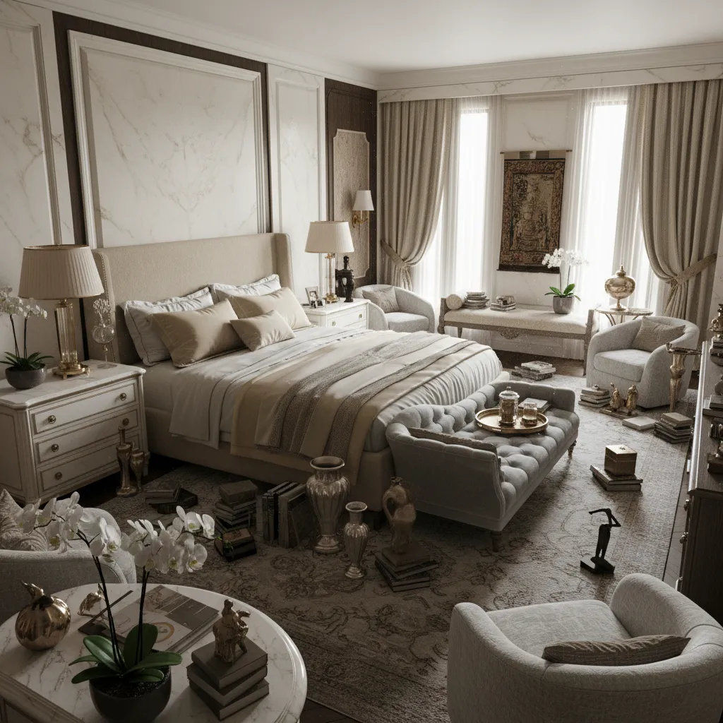 Overcrowded luxury bedroom with too many furniture pieces