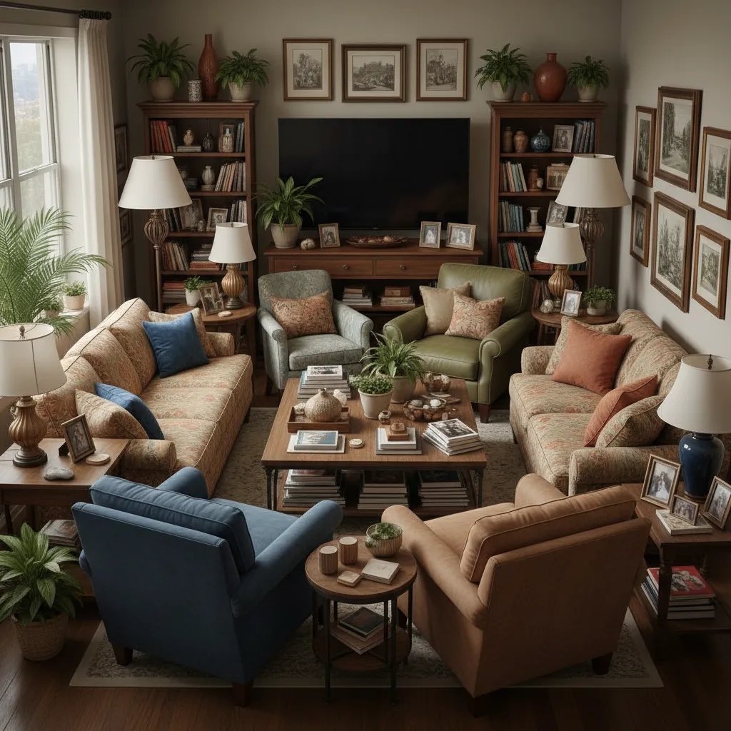 Habitación virtual demasiado llena de muebles mostrando un error de diseño