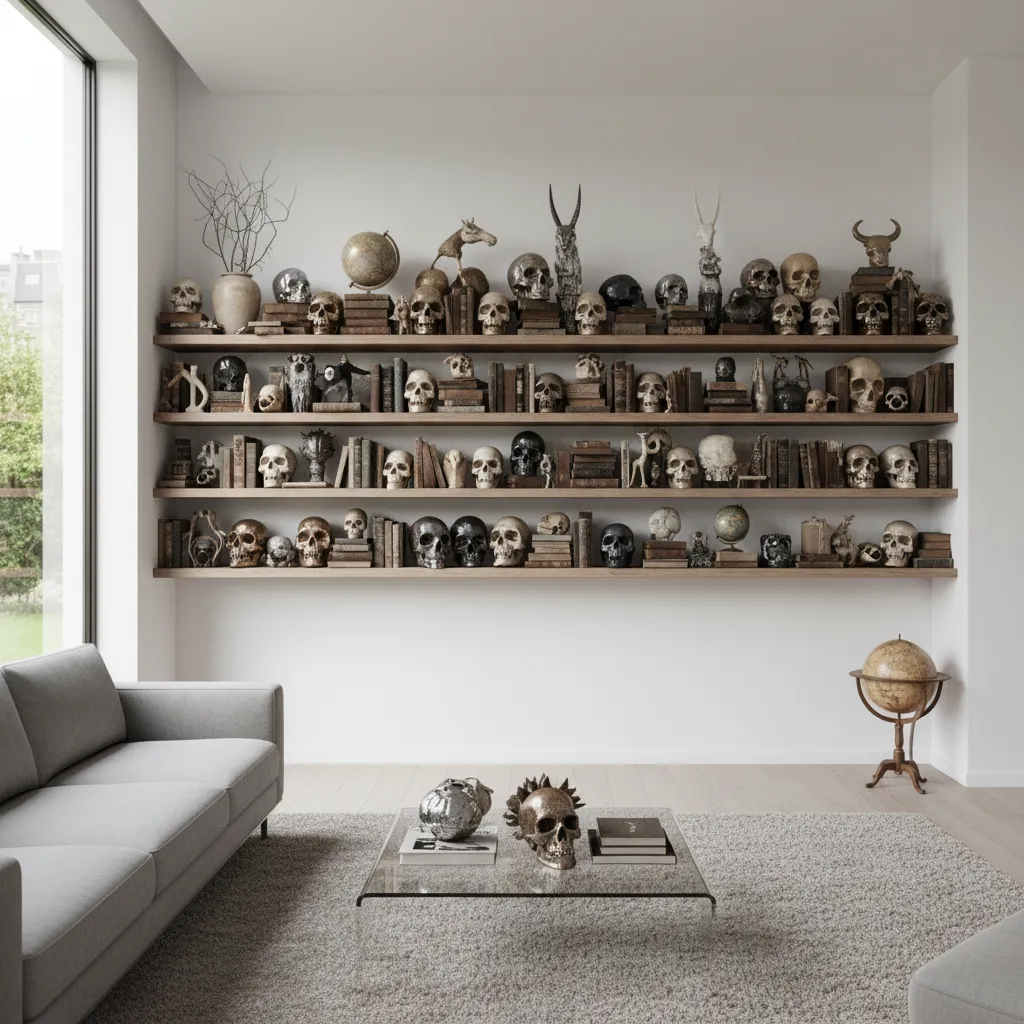 Overcrowded shelf with multiple skull decorations showing cluttered styling mistake