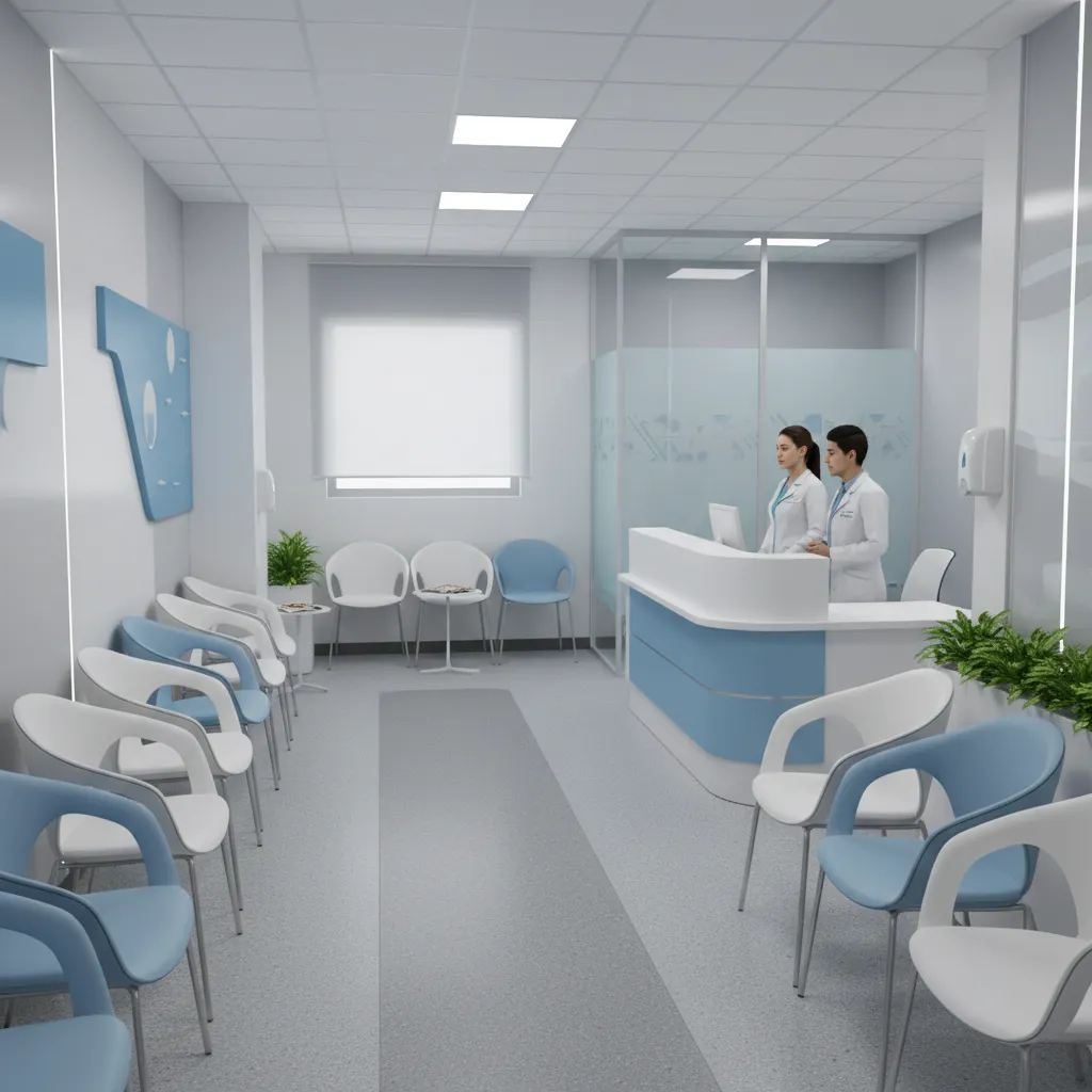 Small clinic waiting area showing crowded layout and limited circulation space