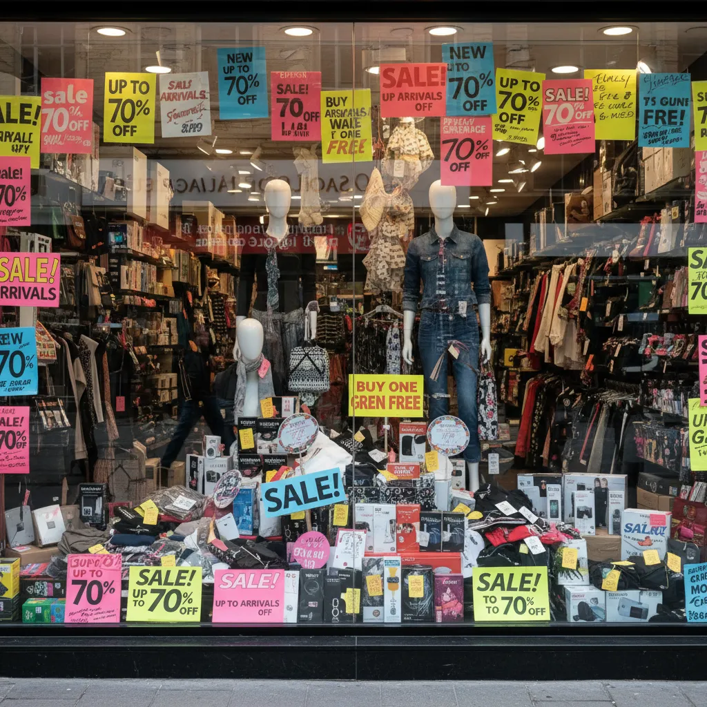 Escaparate sobrecargado con demasiados productos