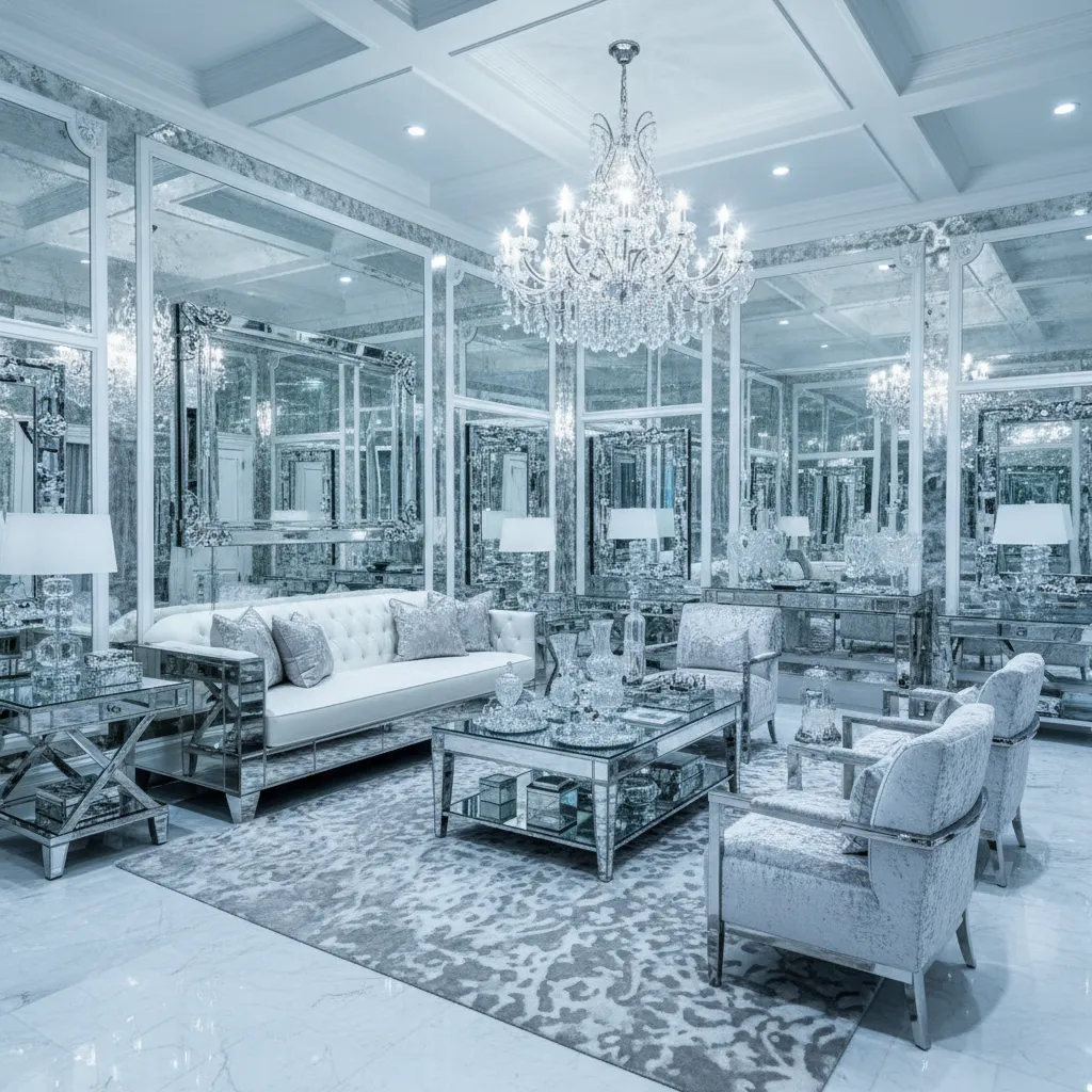overdecorated glam living room with excessive mirrors metallic furniture and crystal decor