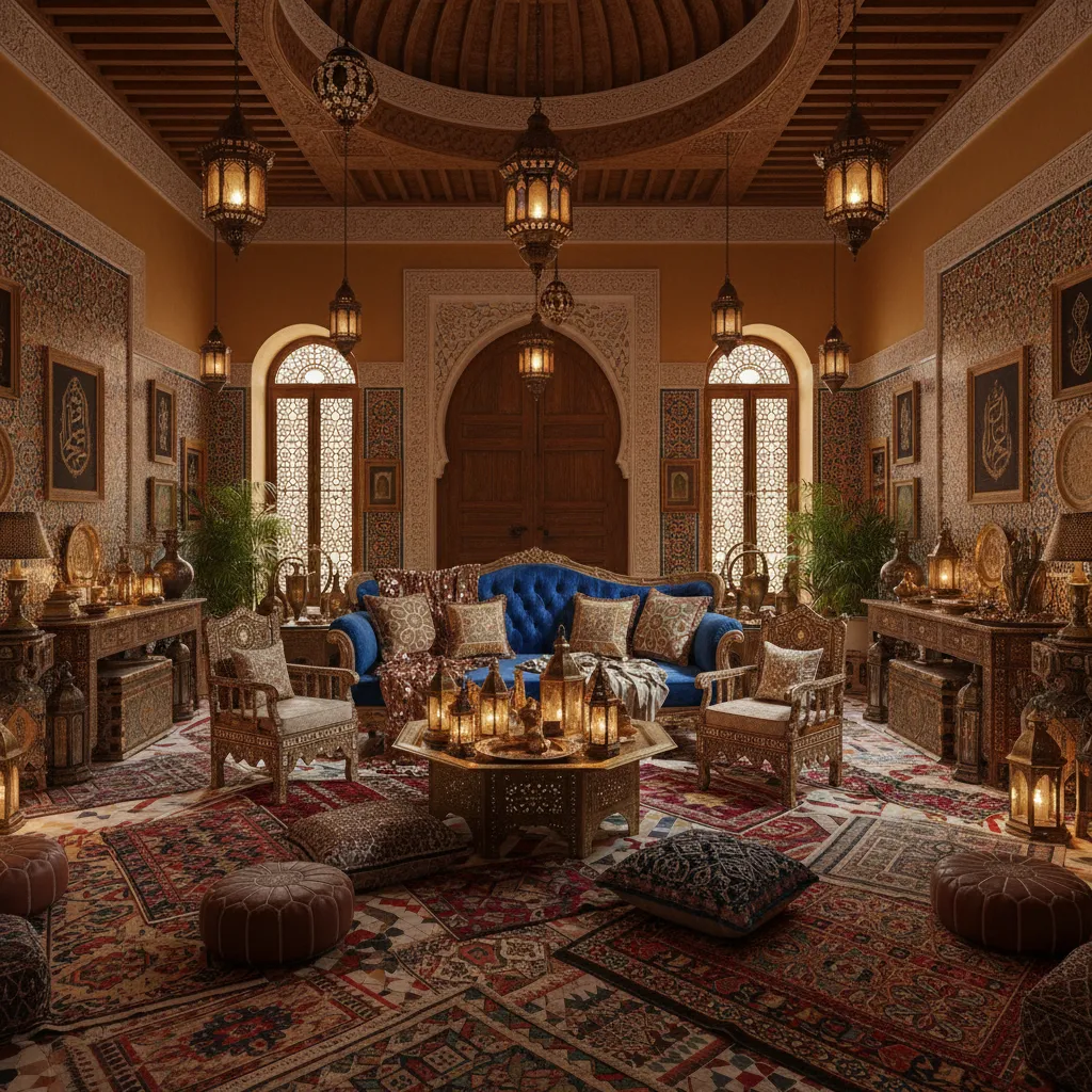 Ornate Moroccan living room with blue sofa, hanging ceiling lights, patterned carpets, and carved furniture