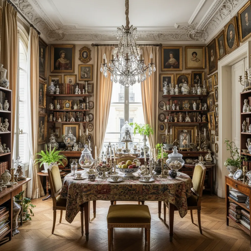 example of overly decorated Parisian style dining room with too many accessories