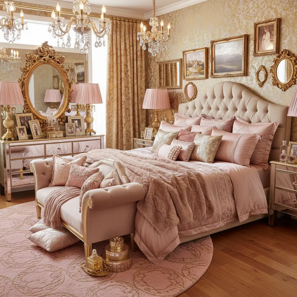 Overdecorated white pink gold bedroom with excessive metallic decor