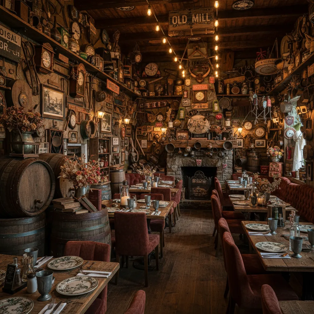 Ejemplo de restaurante rústico con exceso de decoración