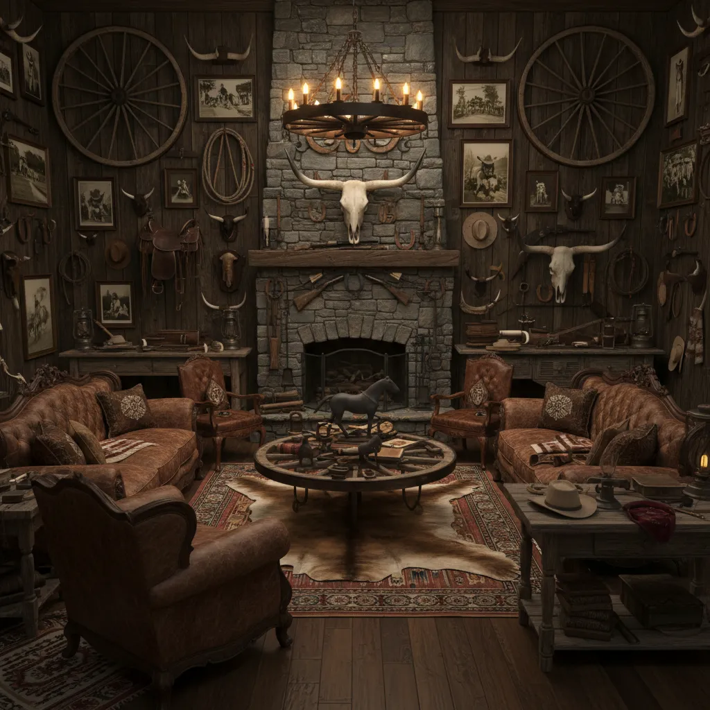 overdecorated western themed living room with many cowboy symbols and clutter