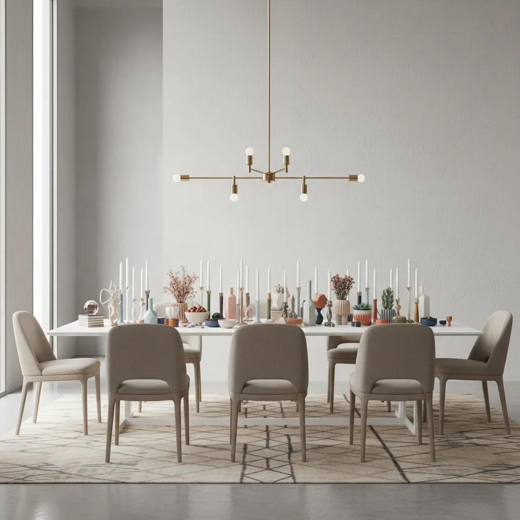 White dining table cluttered with too many decorations and mismatched items