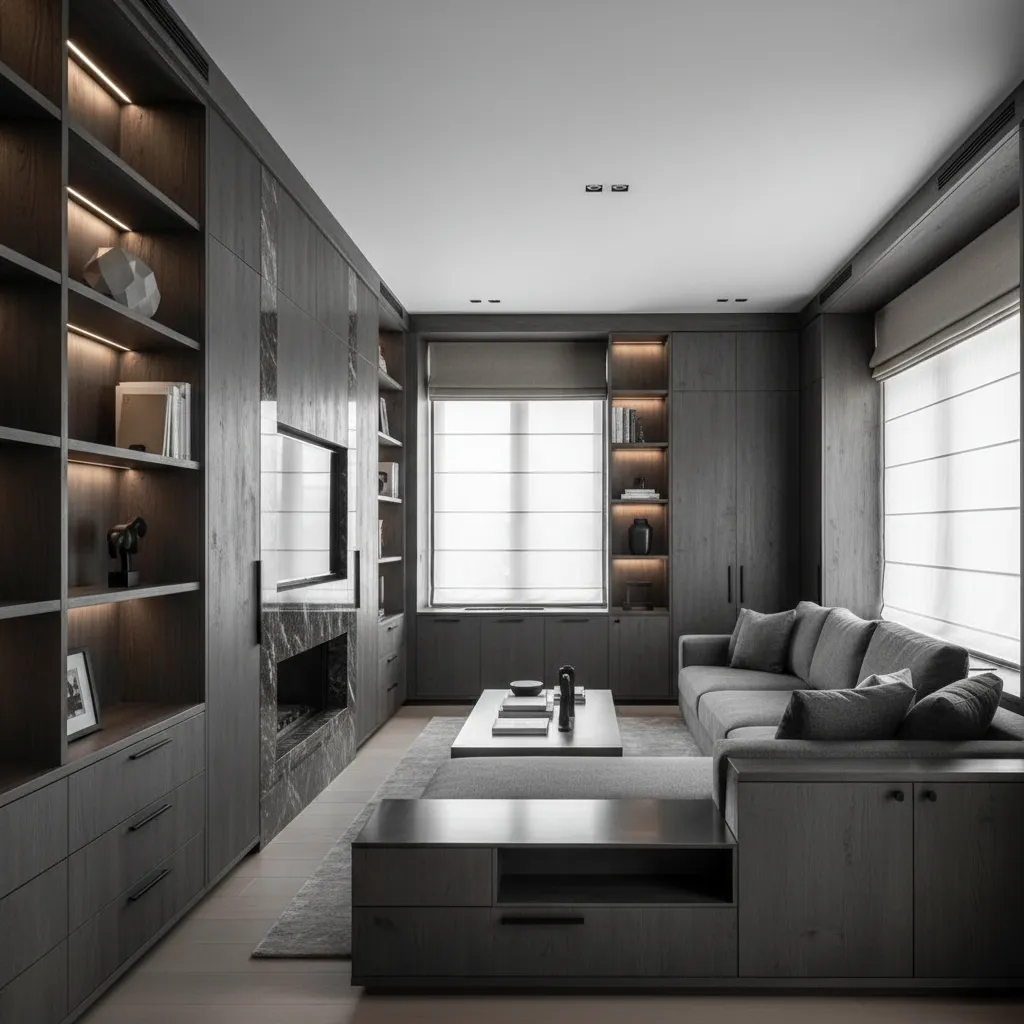 Dark wood living room featuring grey sofa wall shelving fireplace coffee table and natural light
