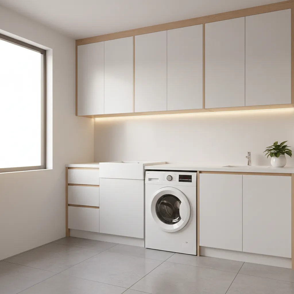 Overhead cabinets installed above a top-loading washer with proper clearance