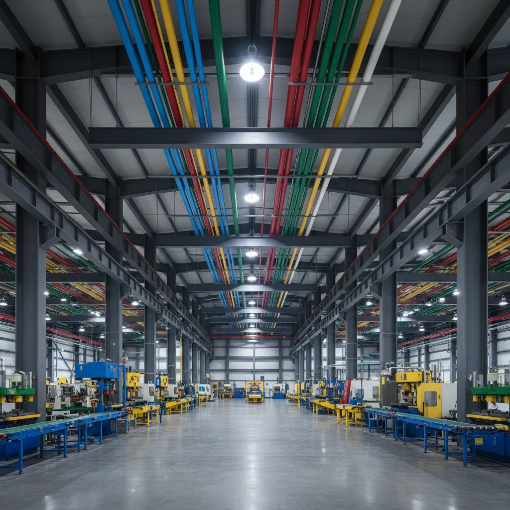 Ceiling mounted industrial pipe racks running above factory production floor