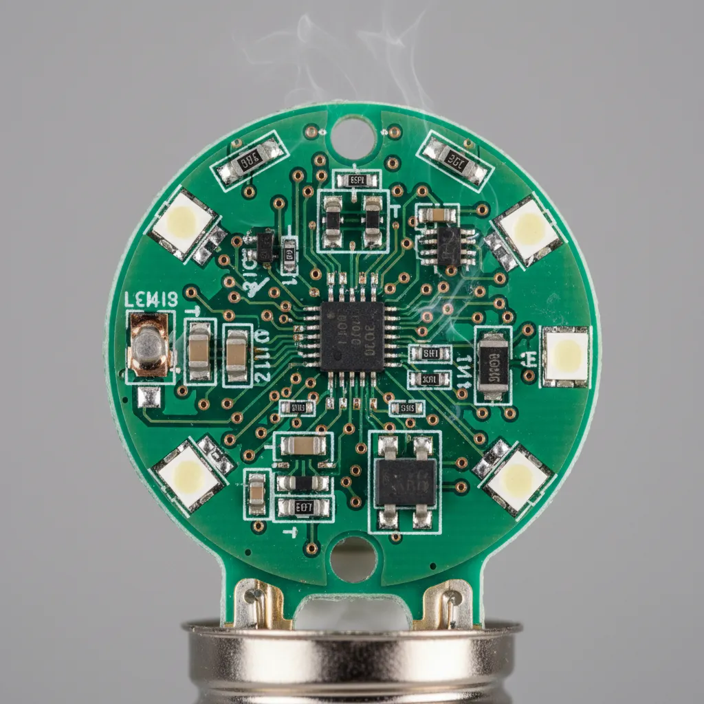 Close-up of a smart bulb base showing signs of overheating electronics