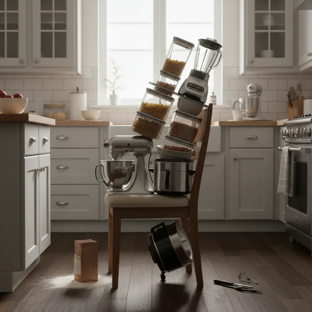 Overloaded kitchen chair stacked with appliances showing unsafe storage