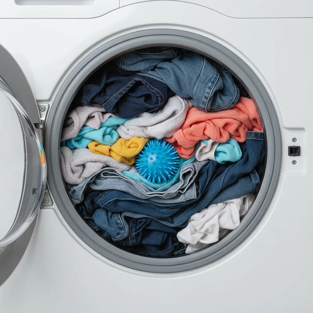 Overloaded washing machine drum showing restricted movement of laundry ball