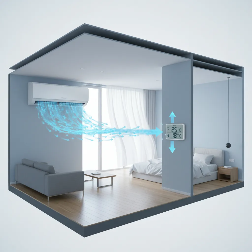 Illustration of oversized air conditioner short cycling in a home