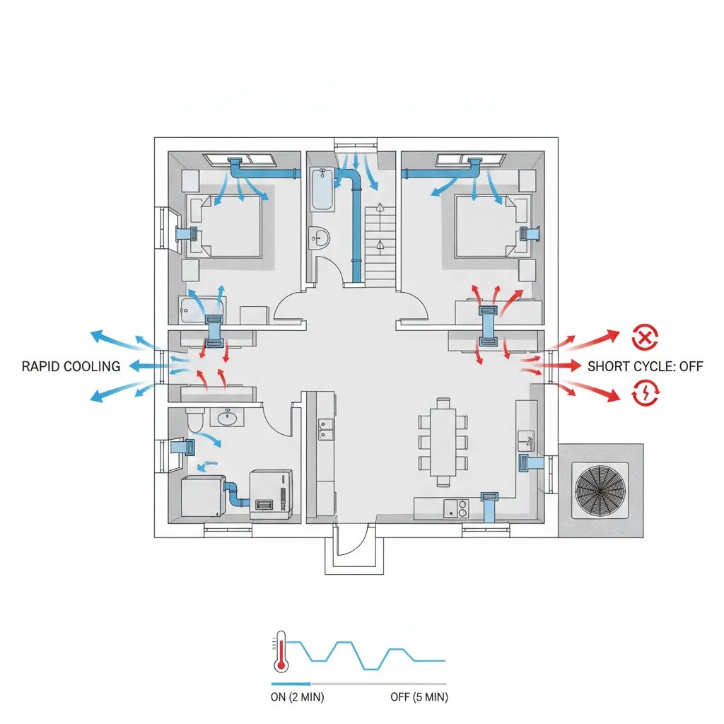 Diagram showing oversized air conditioner short cycling in a house