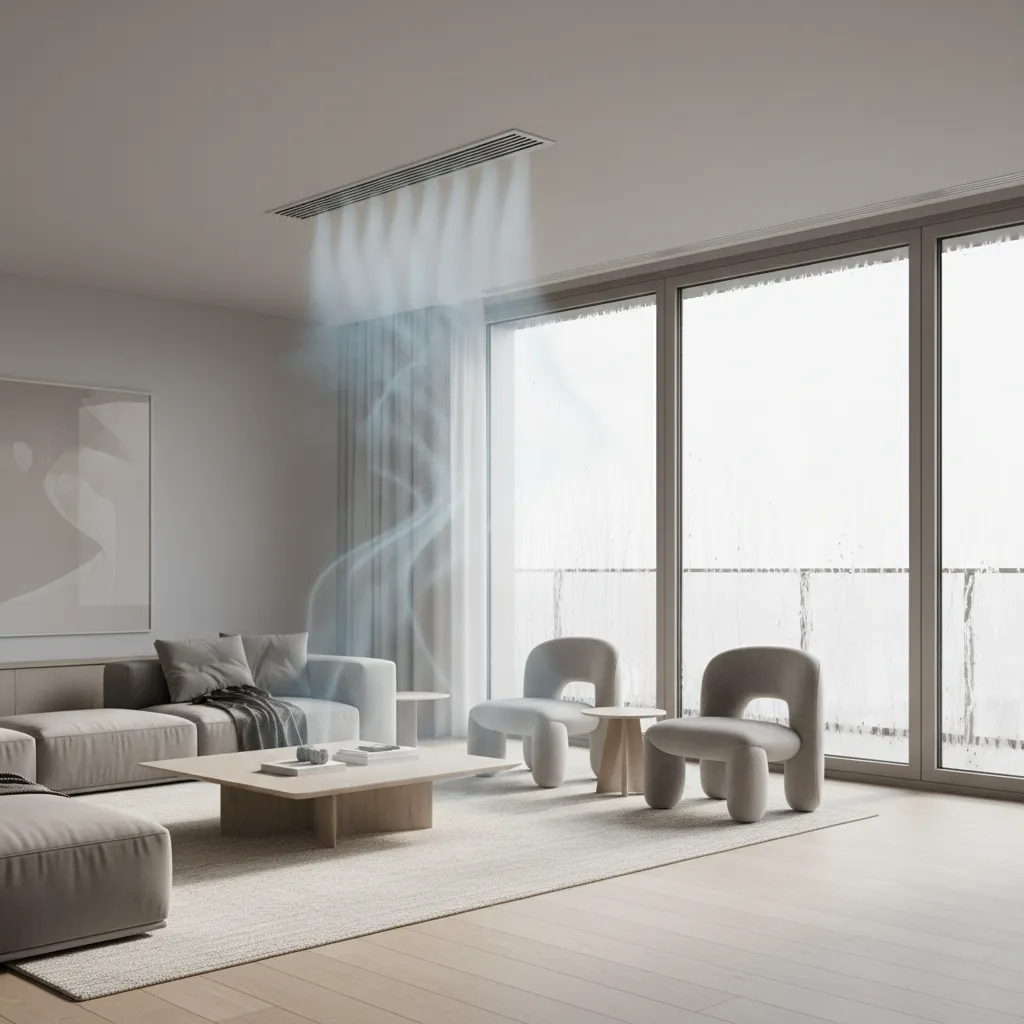 Interior illustration showing oversized AC system causing uneven cooling and humidity issues