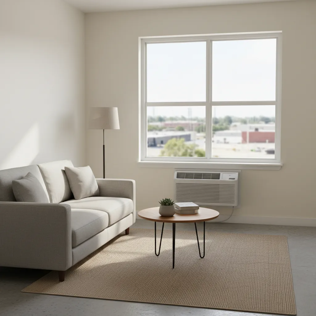 Window air conditioner installed in small apartment living room