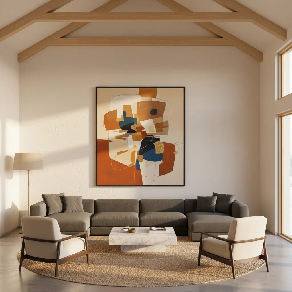 Large oversized artwork centered on tall cathedral wall above modern sofa
