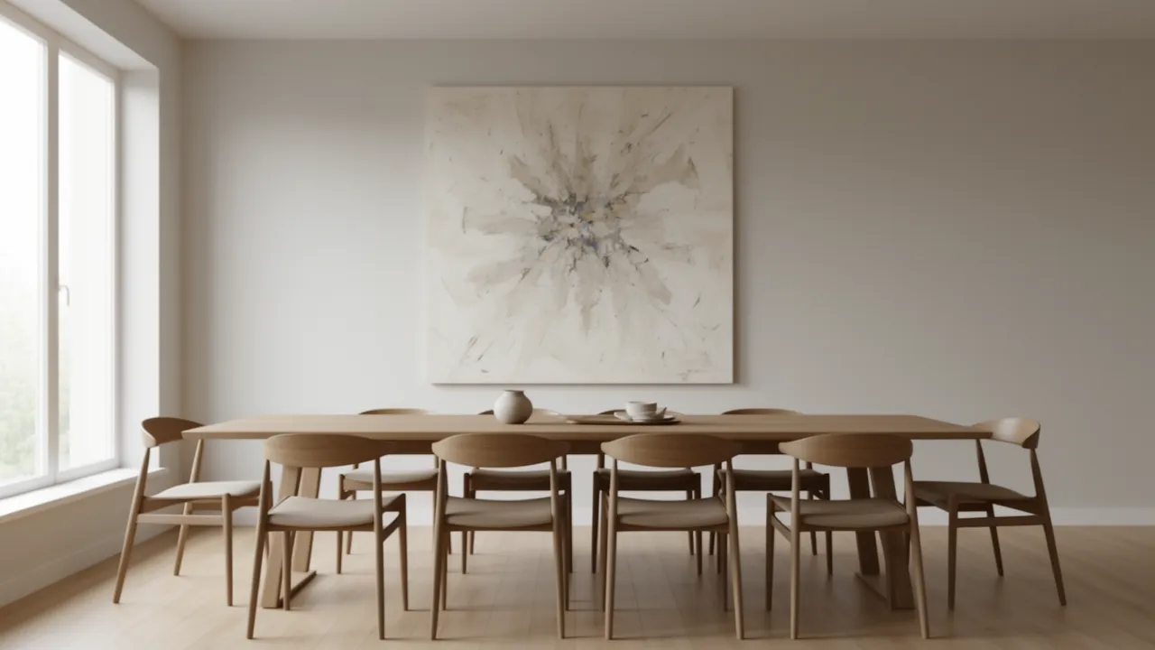 dining room with oversized abstract painting above dining table