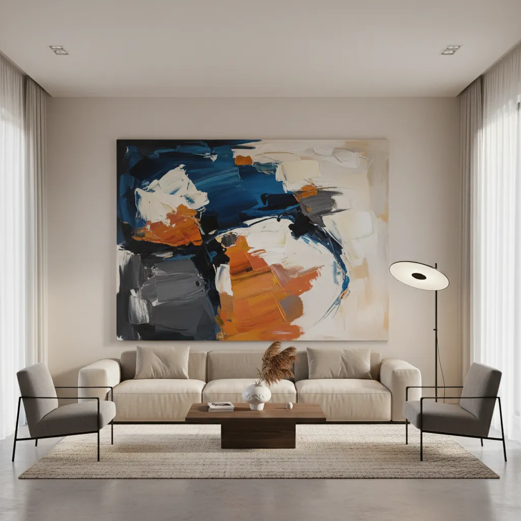 Large abstract artwork above sofa on wide living room wall