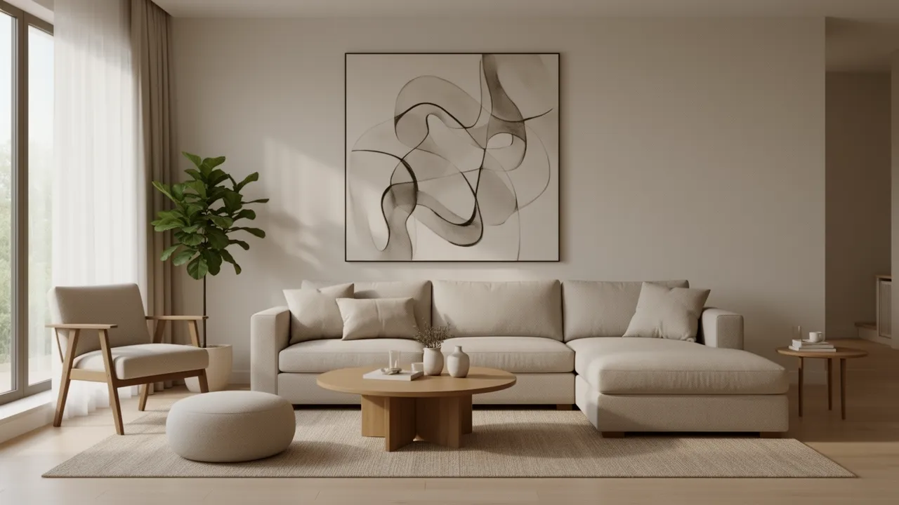 Large abstract artwork above sofa in modern living room
