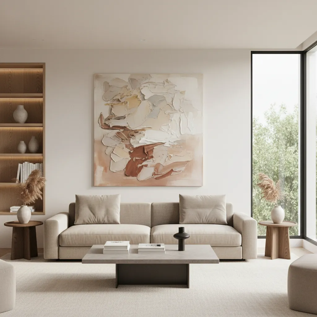 Modern living room with oversized abstract wall art above a sofa