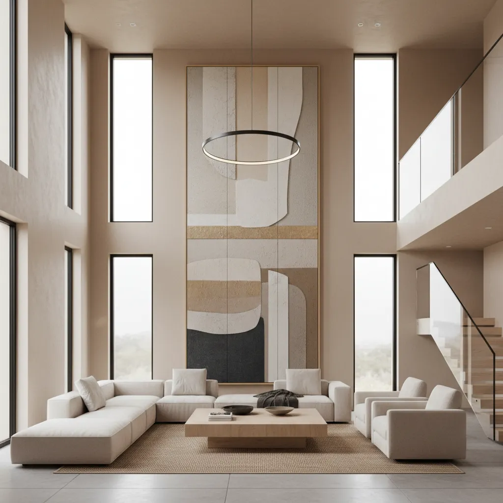 Large oversized artwork installed on a tall double height living room wall