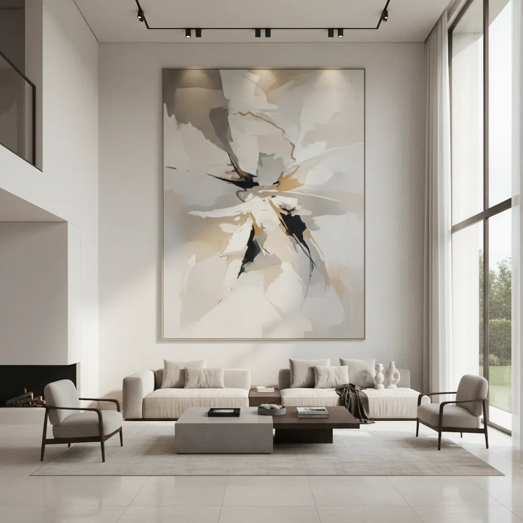 Oversized modern artwork placed on a tall living room wall above sofa