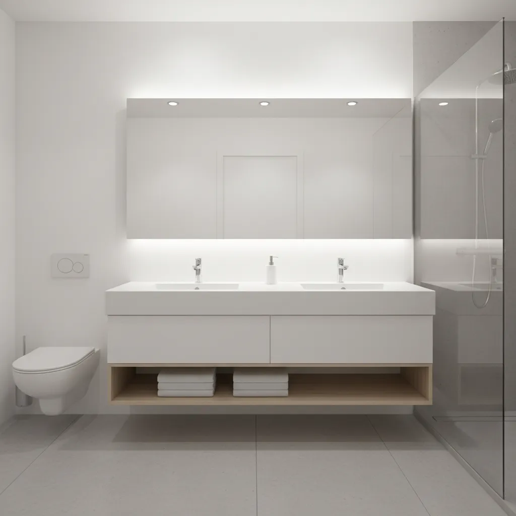 Small bathroom with oversized wall mirror above vanity reflecting light
