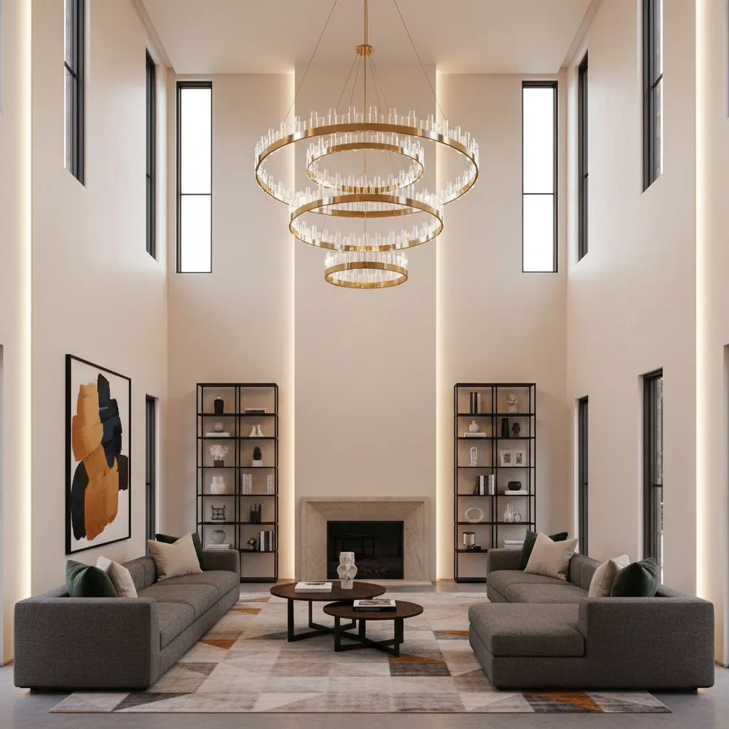 Large chandelier hanging in a high ceiling living room interior