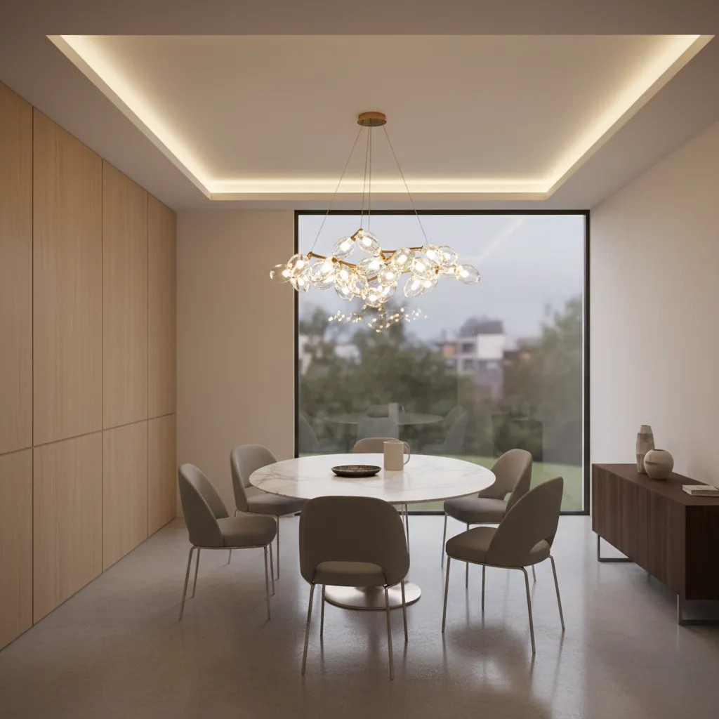 Oversized statement chandelier above a small dining table