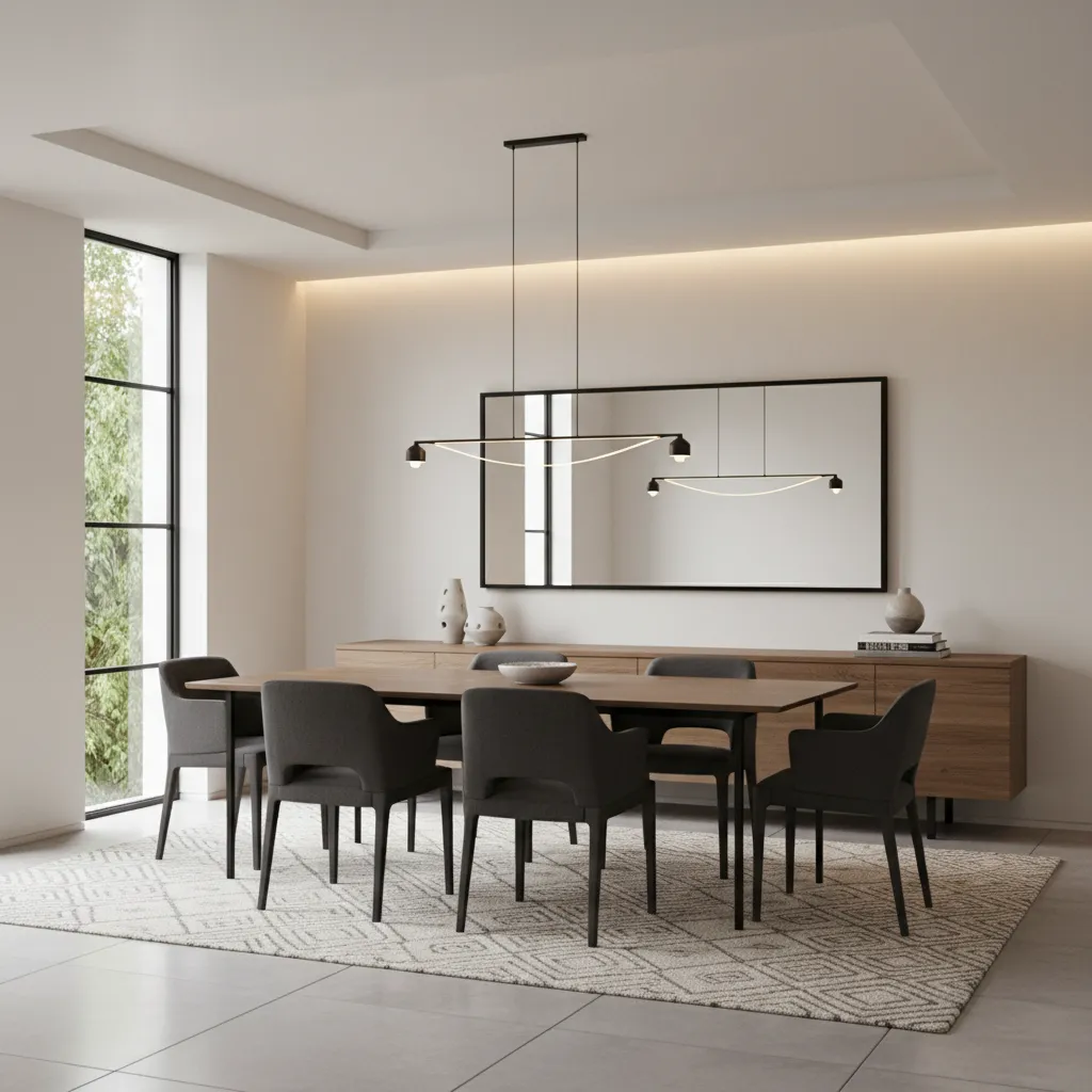 Oversized rectangular mirror above dining room sideboard