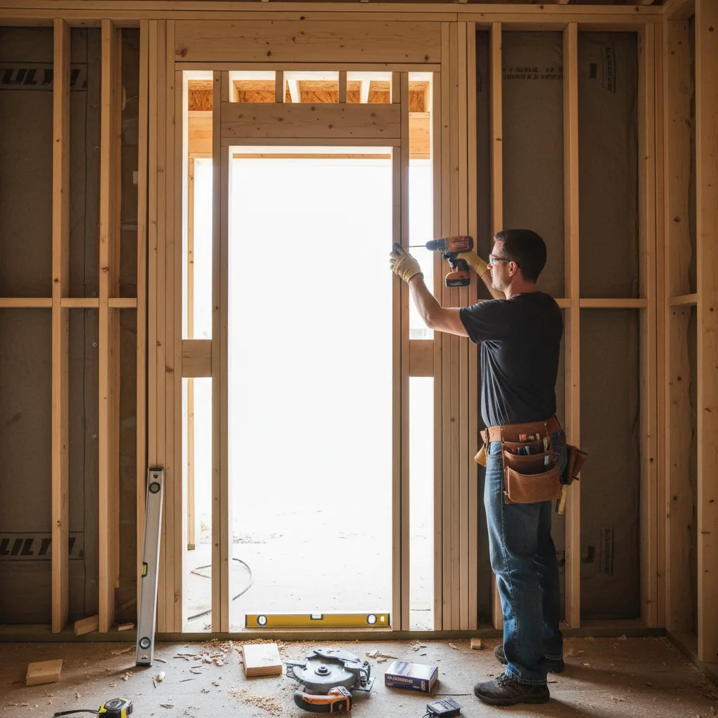 Builder adding wood filler studs to correct oversized exterior door rough opening