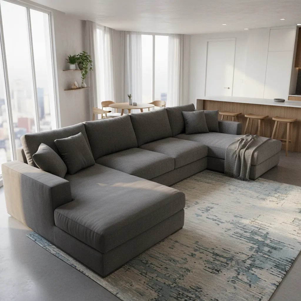 Oversized sectional sofa crowding small open plan living dining room