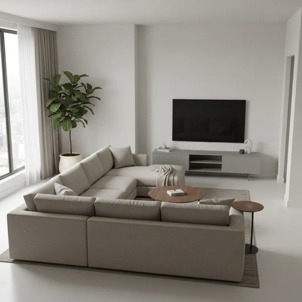 Small living room crowded with oversized sectional sofa showing poor furniture scaling