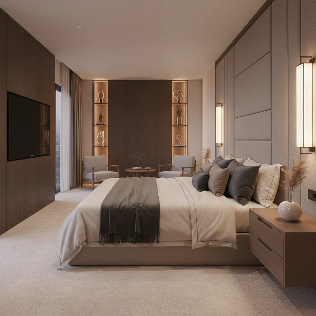 Luxury hotel bed with oversized upholstered wall headboard spanning entire wall